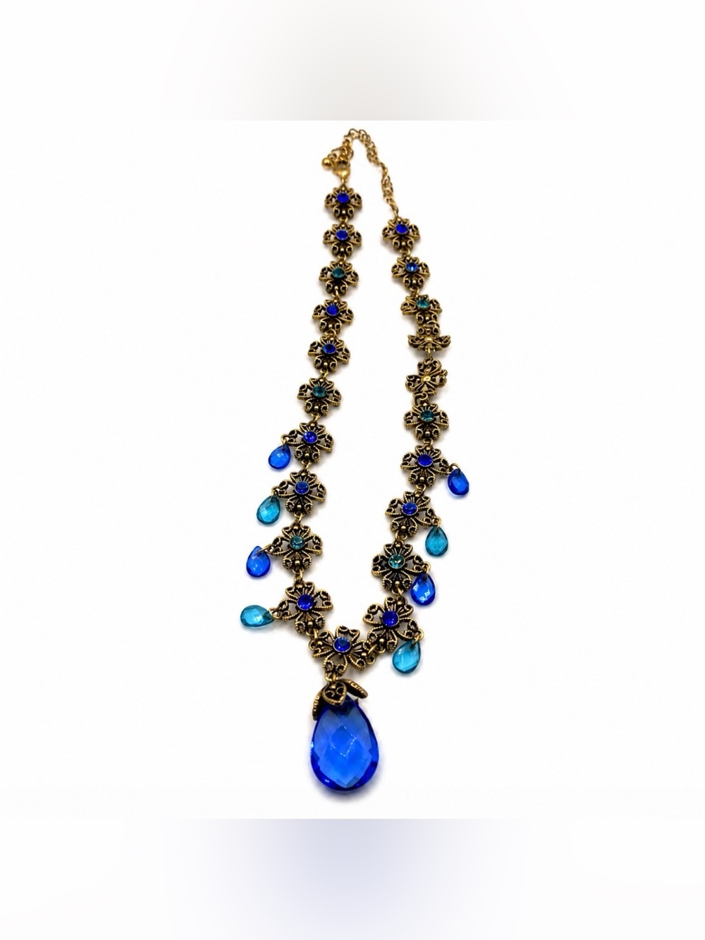 Avon Collier Briolette Multicolore Blue Rhinestone Scroll Gold Necklace Vintage - Picture 5 of 10
